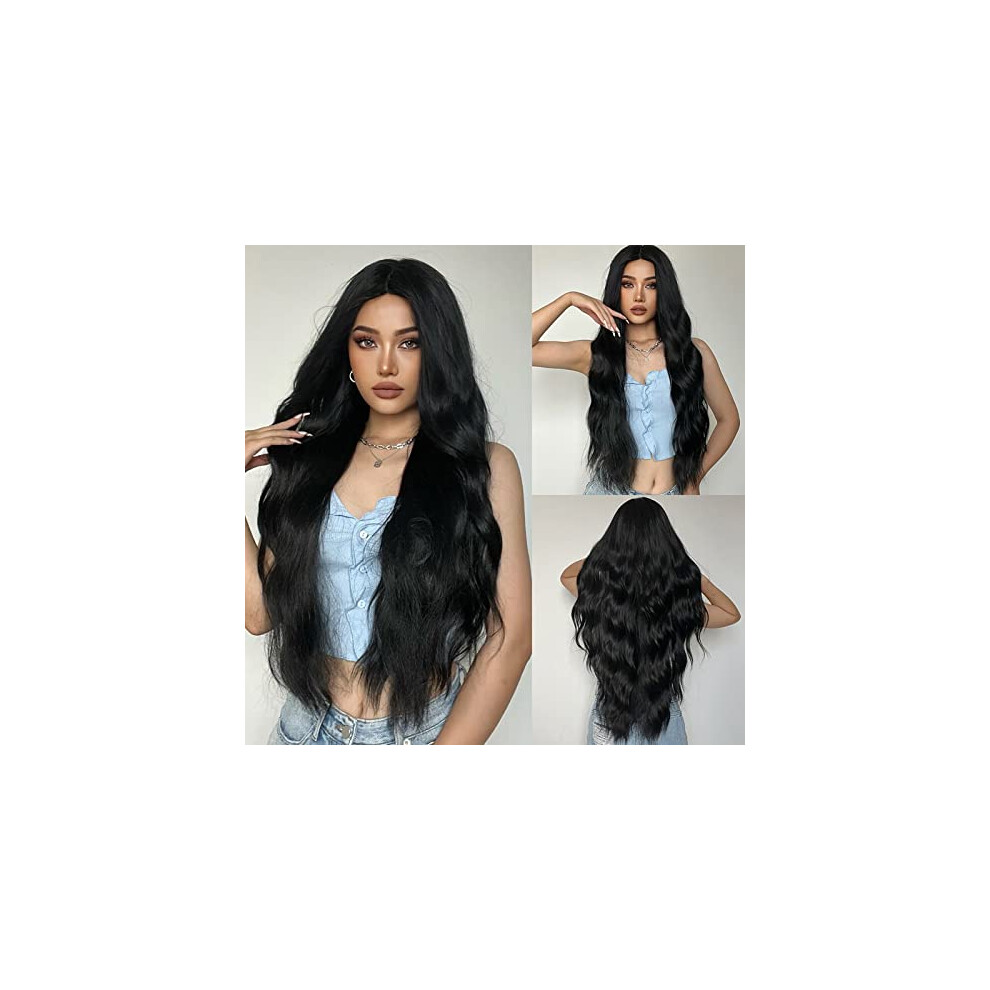 27.5 Inch Black Body Wave Wig Heat Resistant Synthetic Long Wavy Hair with Natural Hairline