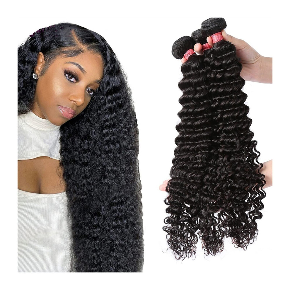 Unisex Peruvian Deep Wave Hair Bundles 3Pcs Virgin Human Hair Extensions, Tangle Double Weft For Salonquality Styling