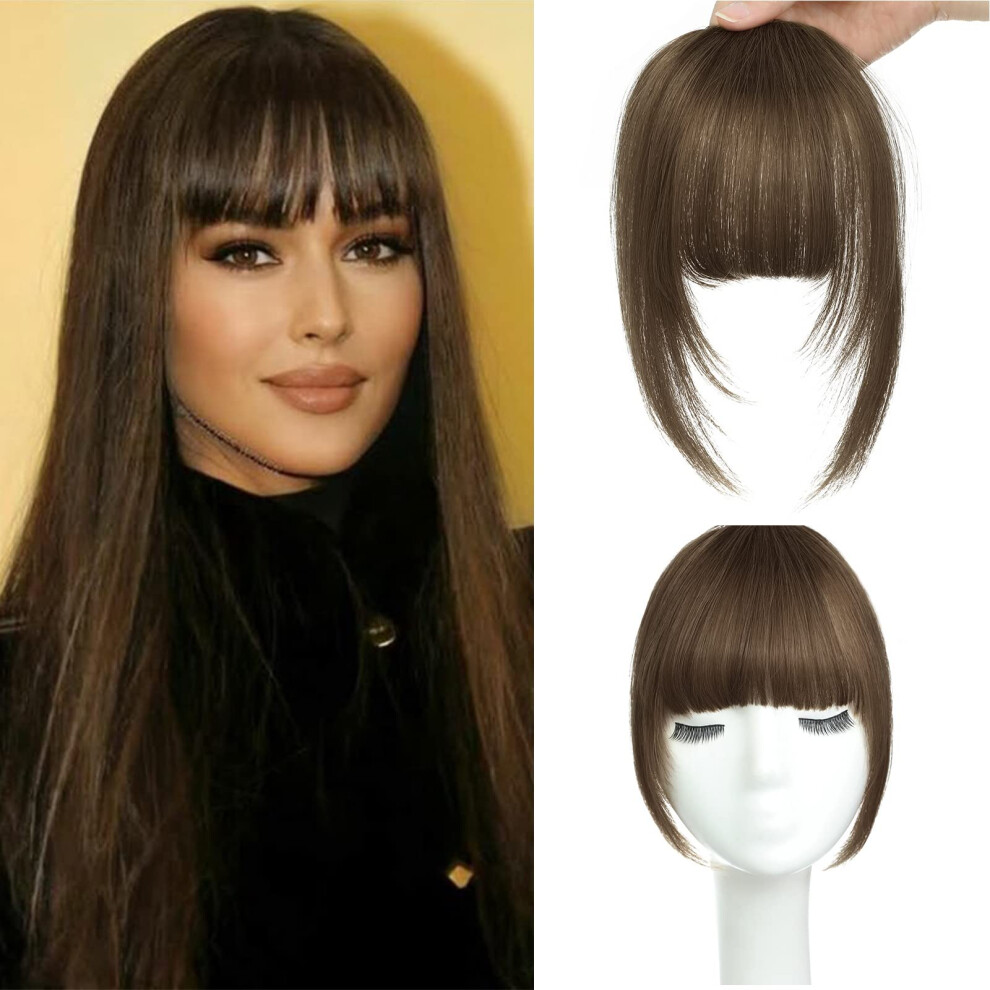 Unisex Brown Human Hair Curly Bangs Wig With French Bangs, Natural Faceframing Heatstylable Style