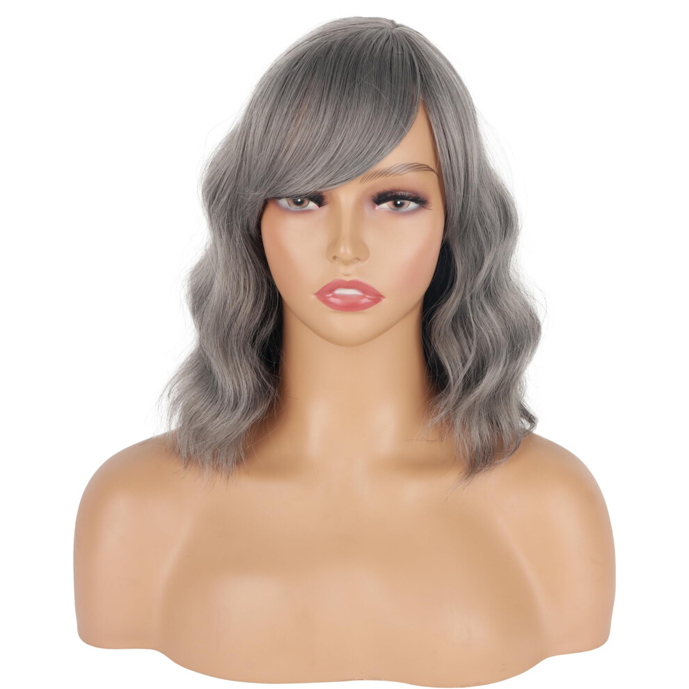 Unisex Black,Silver Short Gray Wavy Wig With Bangs For Black Women, Heatresistant Synthetic Silver Wavy Hair, Naturallooking Style