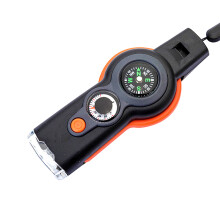 Outil multifonction de survie en extérieur 7 en 1, sifflet de sécurité d'urgence avec boussole, thermomètre, lampe LED, miroir, loupe et anneau