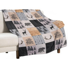 Rustic Cabin Throw Blanket, Retro Camping Bear Deer Wildlife Print, Brown Gray Flannel, 40"x50", Compatible with Outdoor & Home Use