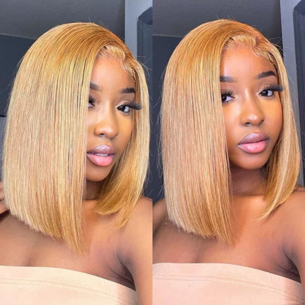Unisex Honey Blonde Lace Front Bob Wig Human Hair Ombre Pre Plucked Brazilian Straight Glueless 12 Inch