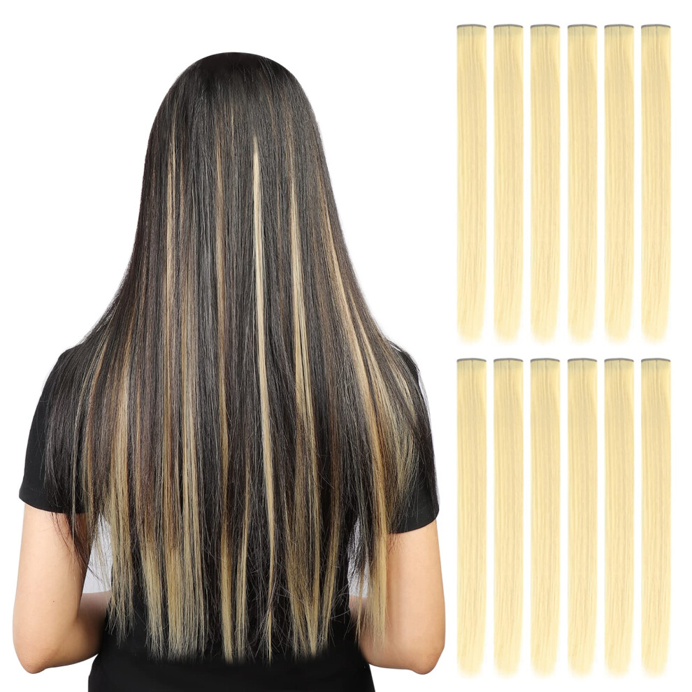 22 Inch Blonde Synthetic Clip in Hair Extensions for Women, Long Straight Party Highlights