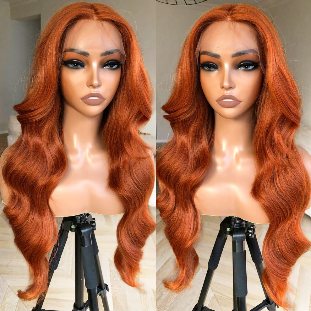 Unisex Black 24 Inch Ginger Body Wave Lace Front Wig For Women, Glueless PreâPlucked Long Wavy Hair With Curtain Bangs