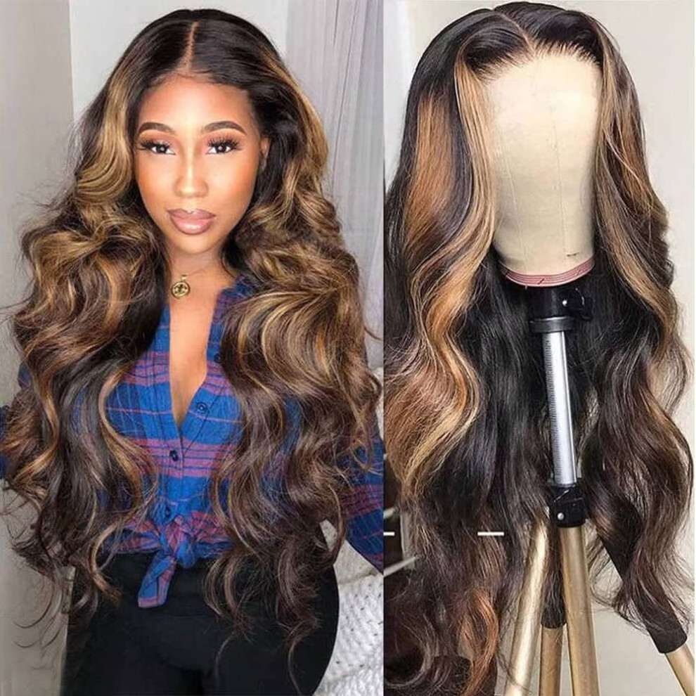 Unisex 13X4 Transparent Lace Front Human Hair Wig Ombre Highlight 1B/27 Brazilian Body Wave Glueless Pre Plucked Natural Hairline 26 Inch For Women