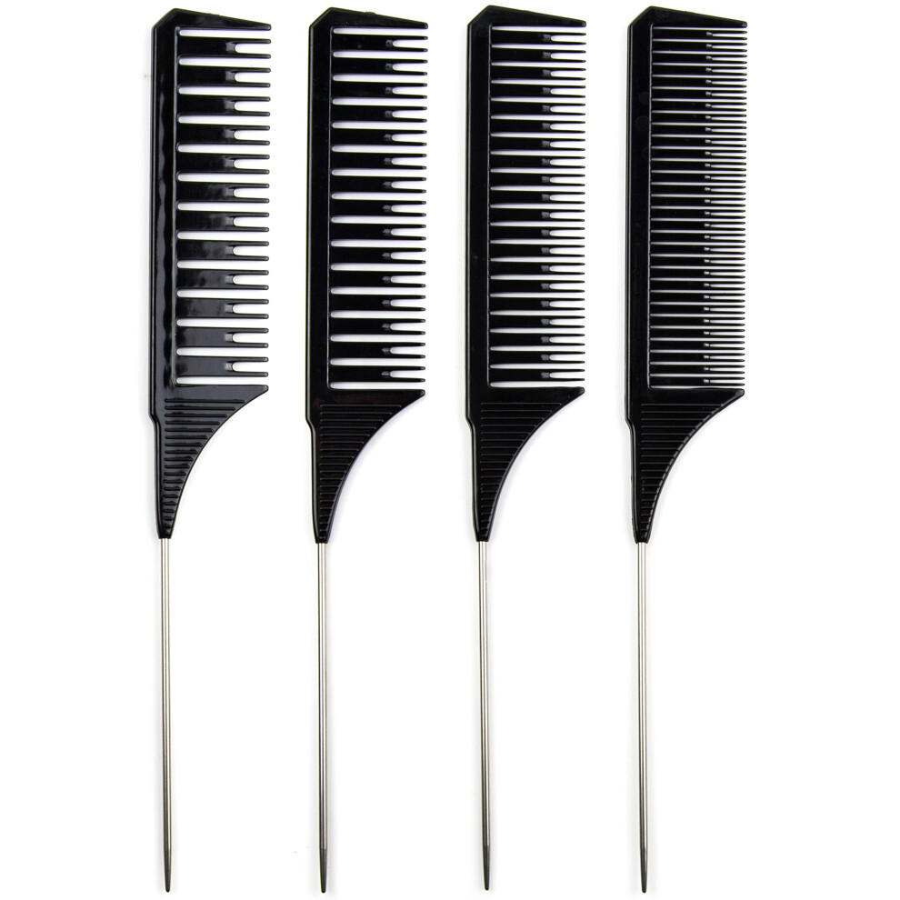 Black Highlighting Comb Set For Professional Hair Coloring, 4 Pintail Combs With Fast Precise Sectioning