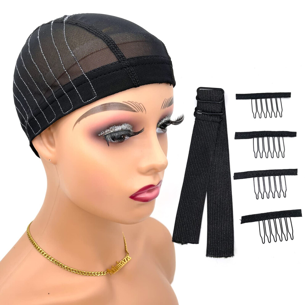 Unisex Stretchable Dome Wig Cap With Guideline Sewing Map, Breathable Mesh, Elastic Band And Combs, Large 4X4 Closure For Beginners