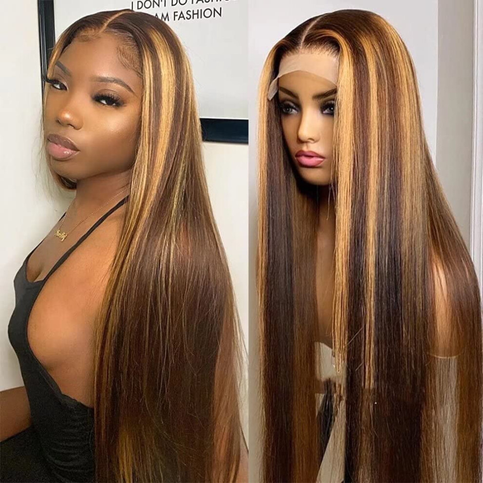 Unisex Brazilian Virgin Human Hair Lace Front Wig 4/27 Ombre Straight Honey Blonde 13X6 Pre Plucked 20Inch