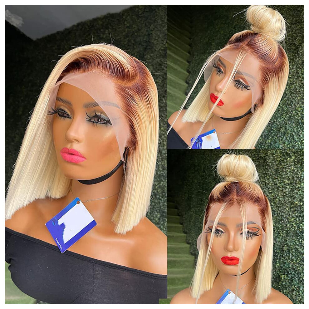 613 Blonde Bob Wig 4/613 Dark Root Ombre Honey Blonde Lace Front Remy Human Hair 14 Inch
