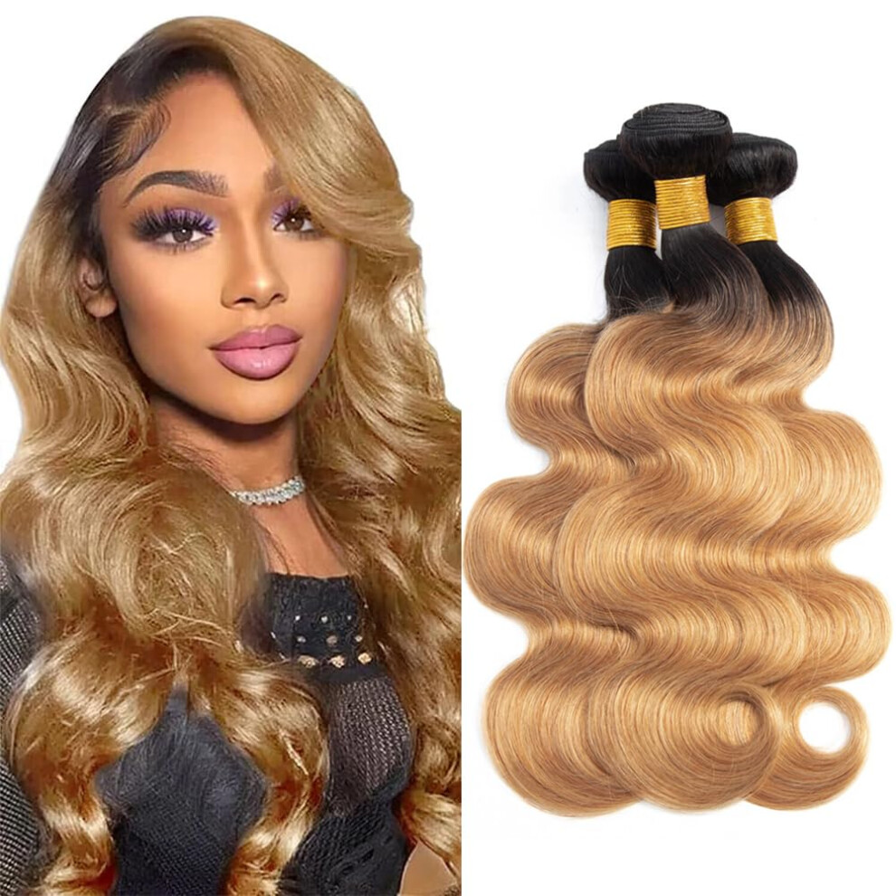 Unisex Brazilian Virgin Human Hair Bundles 1B27 Ombre Honey Blonde Body Wave Extensions 20 Inch 3Pcs