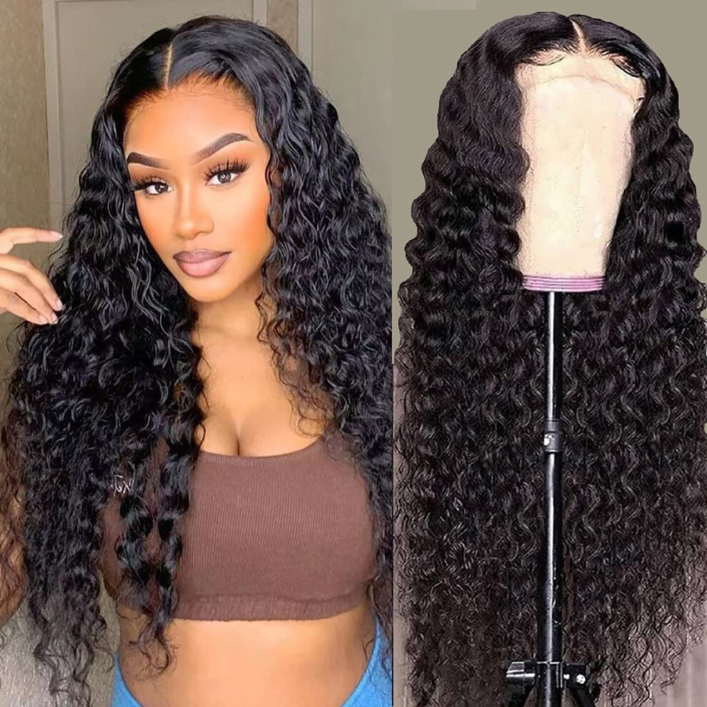 Unisex Black 22 Inch Brazilian Deep Wave 13X4 Lace Front Human Hair Wig For Women, PreâPlucked Natural Hairline With Baby Hair