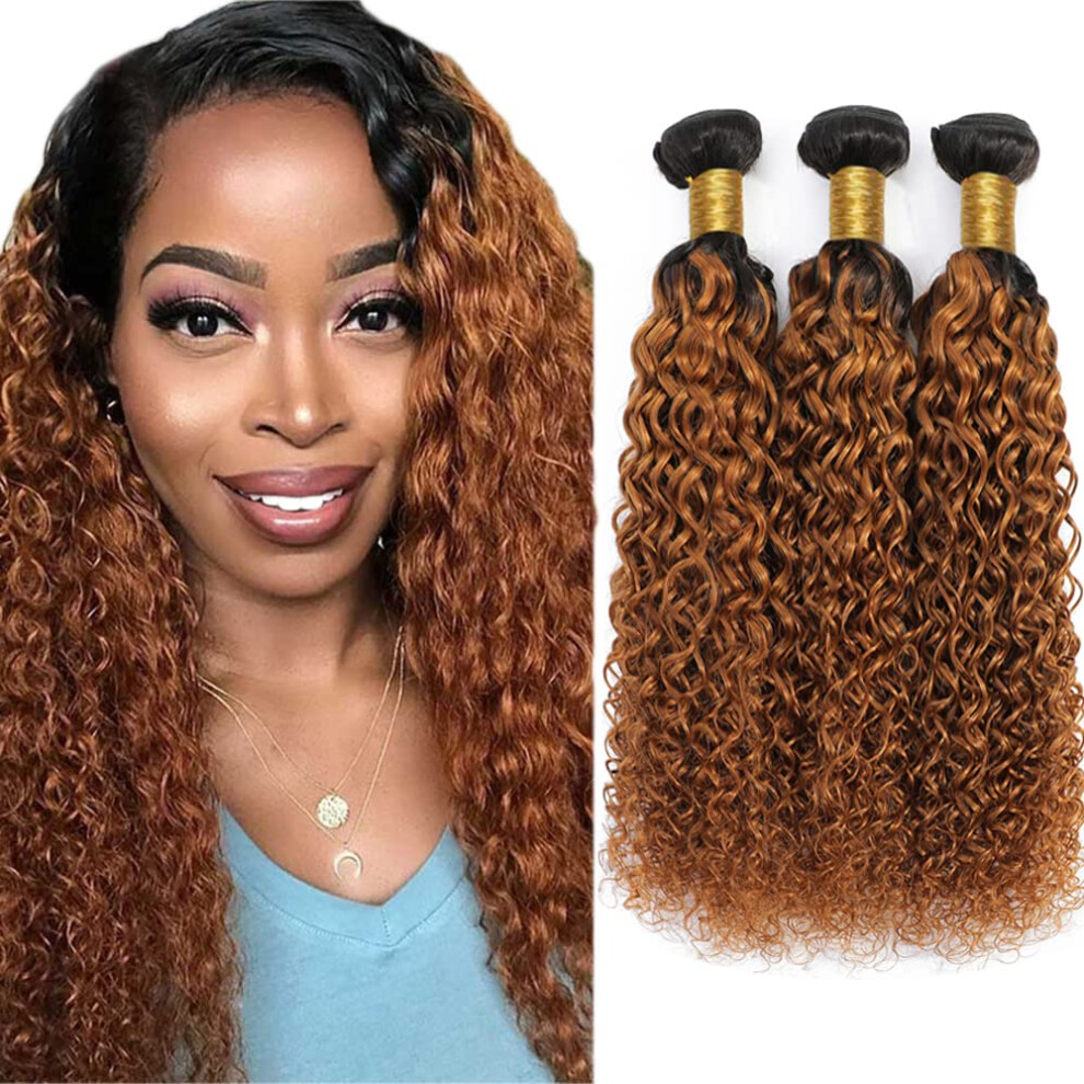 Unisex Ombre Kinky Curly Human Hair Bundles 1B30 Brazilian Virgin Weave 3 Bundles Soft Tangle Longlasting