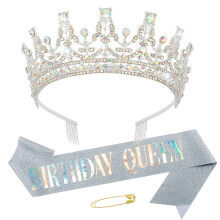 Birthday Tiara and Sash Set for Women – Rhinestone Crown with Adjustable Glitter Sash for Party
