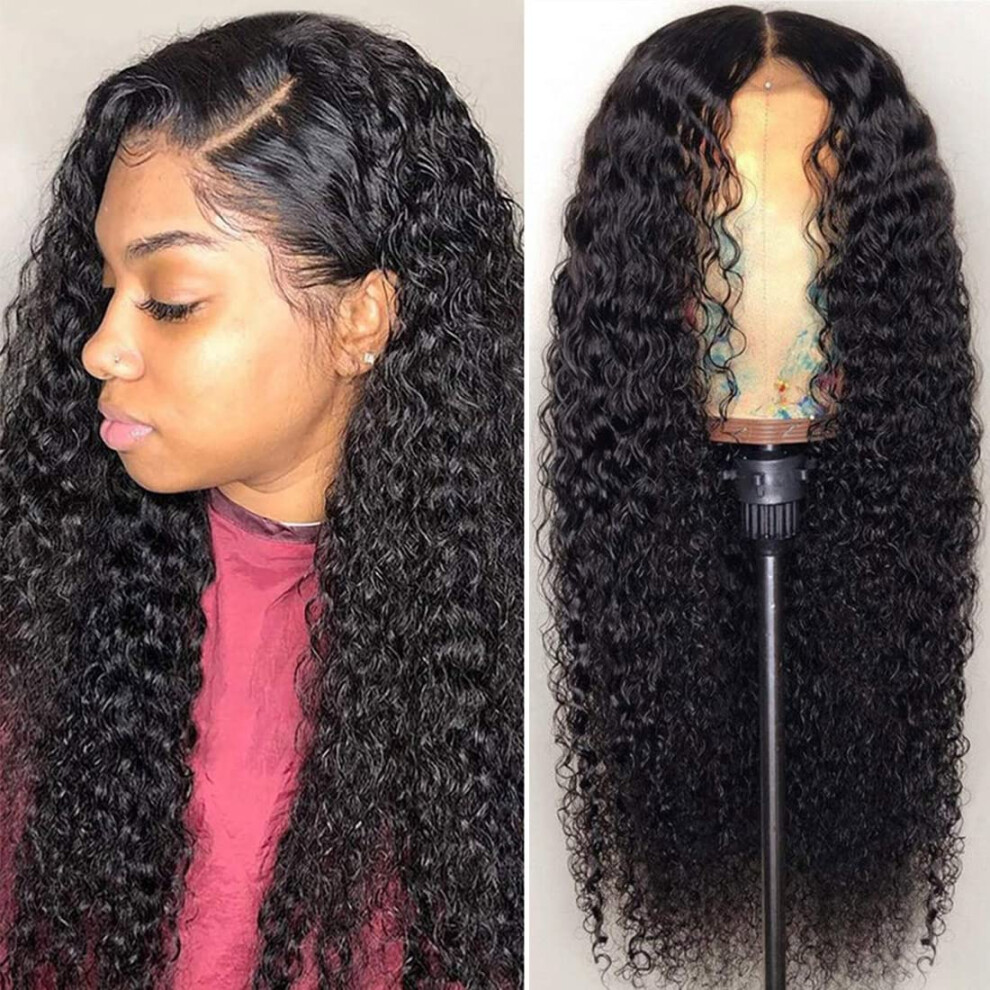Unisex Black 13X4 Curly Lace Front Wig For Women 22 Inch Brazilian Human Hair Pre Plucked Wet Wavy Style 150 Density Natural Hairline
