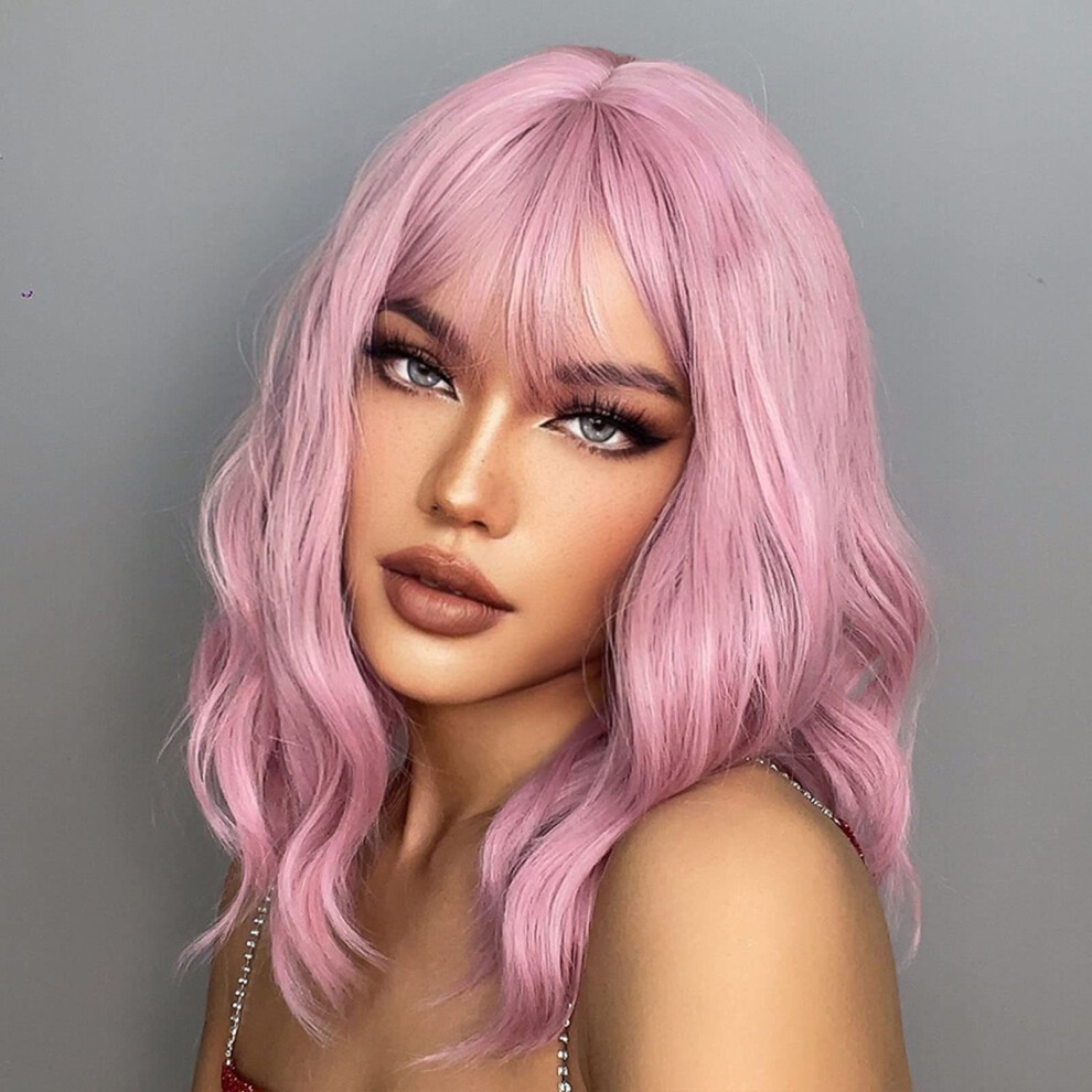 Unisex Pink Heat Resistant Synthetic Wig For Women Short Curly Bob With Bangs 12Inch Realistic Natural Look