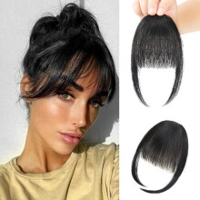 Wispy Clip in Bangs Human Hair with FaceFraming Temples Natural Black Invisible Clip Design