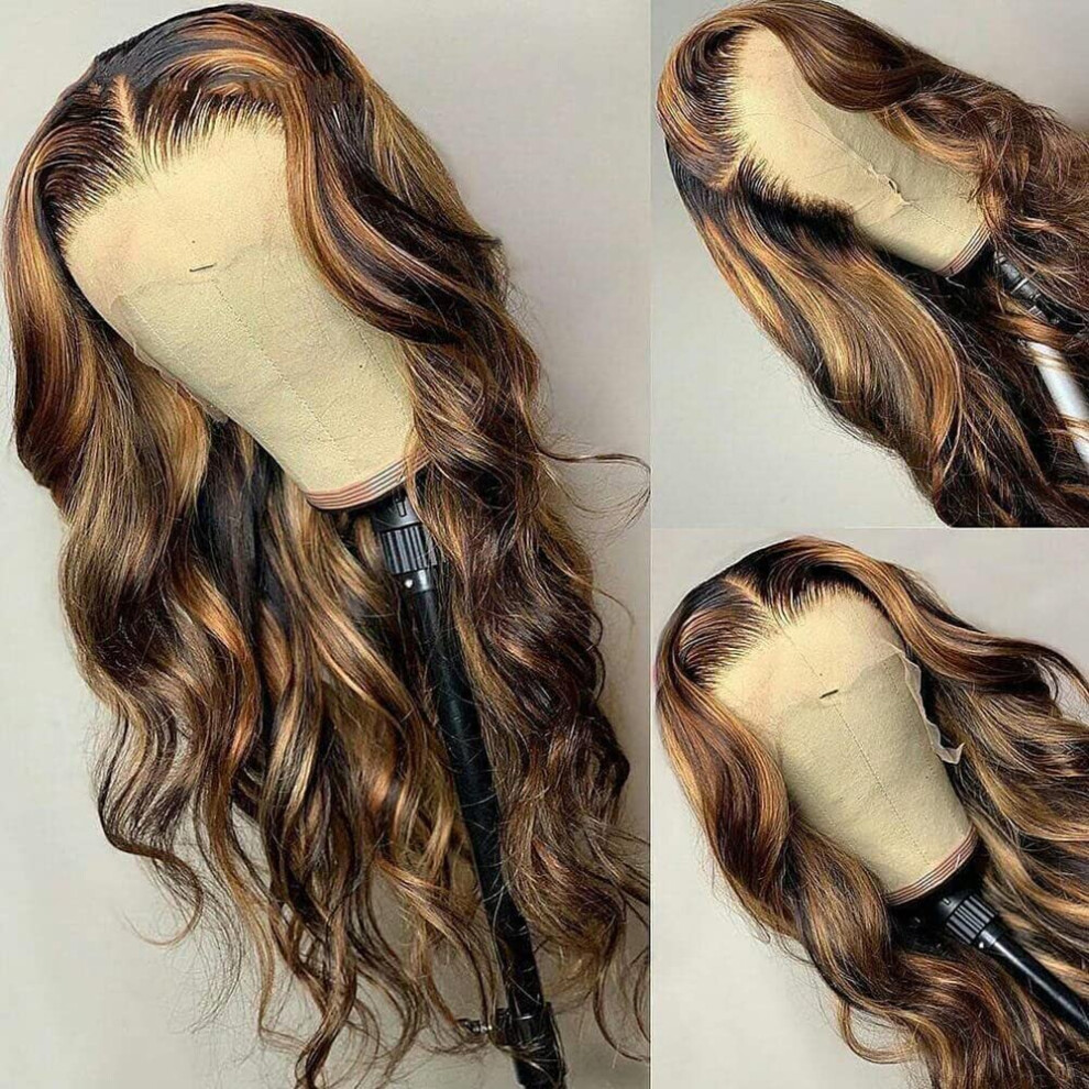 Unisex Black Human Hair Lace Front Wig 13X4 Hd Transparent Lace, Glueless Body Wave Wig For Women Ombre Highlight 24 Inch Pre Plucked Hairline