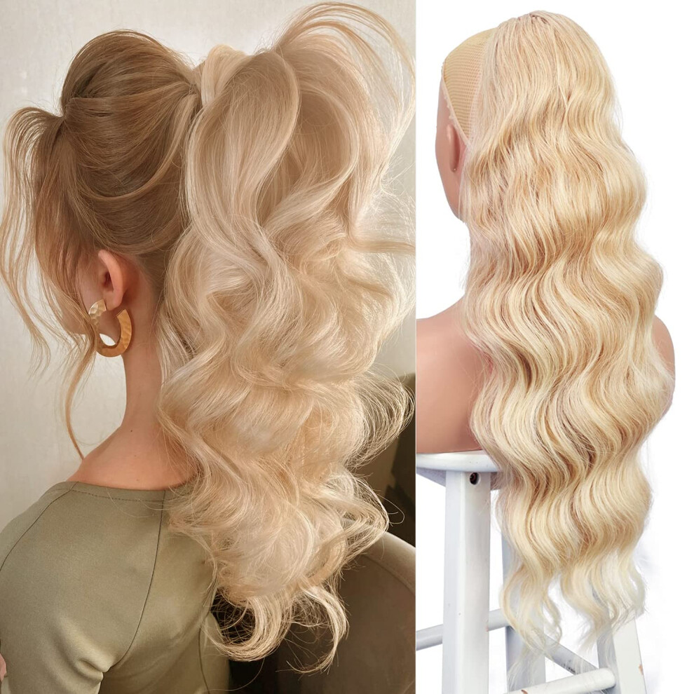 Unisex Blonde Ponytail Extension 24 Inch Long Wavy Curly Hairpiece With Secure Drawstring Hold, Twotone 24/613 Blend
