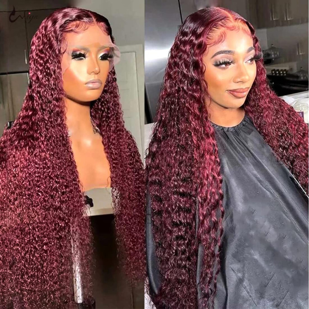 Unisex Red 99J Burgundy Jerry Curly Lace Front Wig Human Hair, Ombre Burgundy, Glueless, Preplucked, 150% Density, 24 Inch
