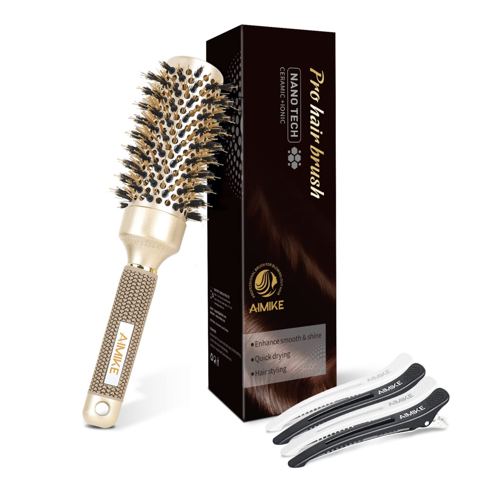 Round Brush for Blow Drying 1.7 Inch, Nano Ceramic Ionic Barrel Hair Brush with Boar Bristles for Volume and Shine
