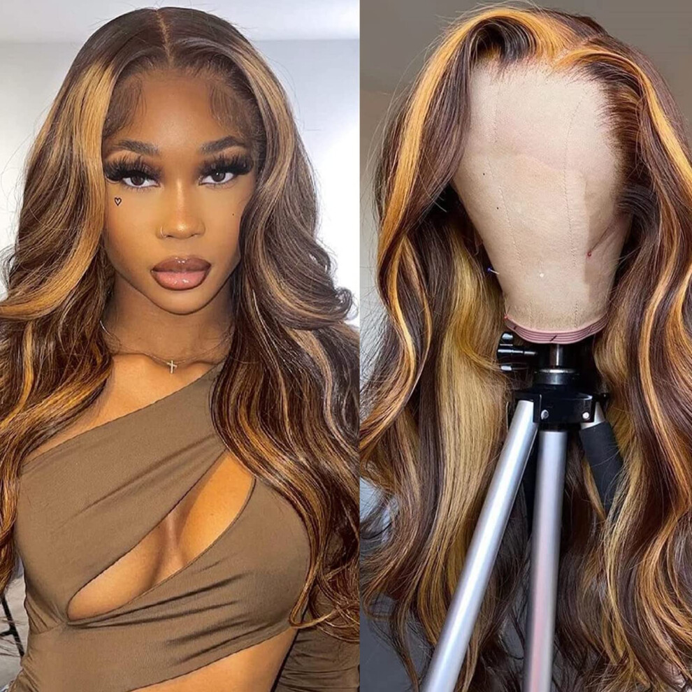 Unisex P4/27 Honey Blonde Ombre Highlight Body Wave Human Hair Lace Front Wig 13X4 Hd Transparent Lace Pre Plucked Baby Hair Natural Hairline