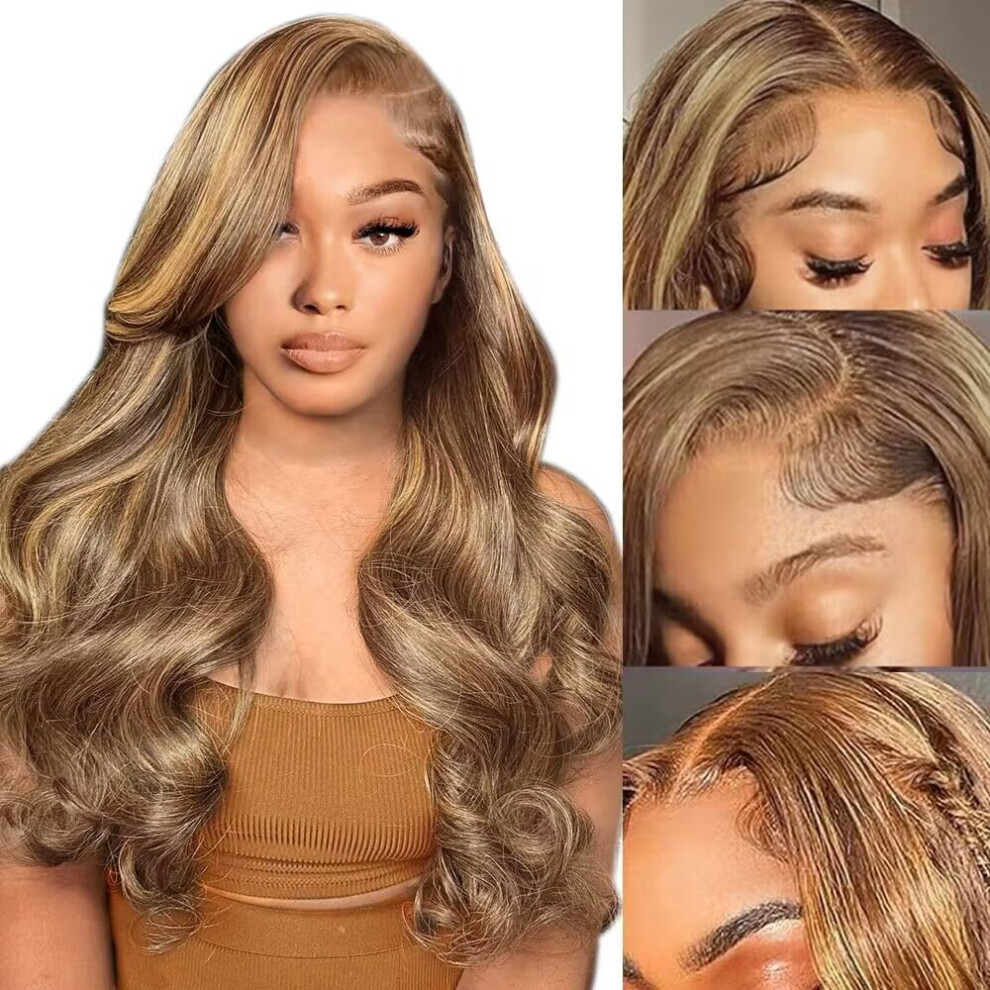 Unisex 13X4 Hd Lace Front Human Hair Wig 18 Inch Honey Blonde Ombre Highlights Pre Plucked Natural Hairline 150% Density