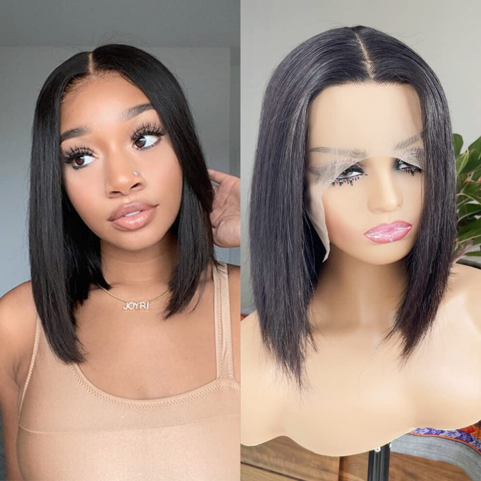Unisex Human Hair Bob Wig 12 Inch Short Straight Lace Front Pre Plucked Brazilian Virgin Hair 13X4x1 Glueless T Part 170% Density Natural Color