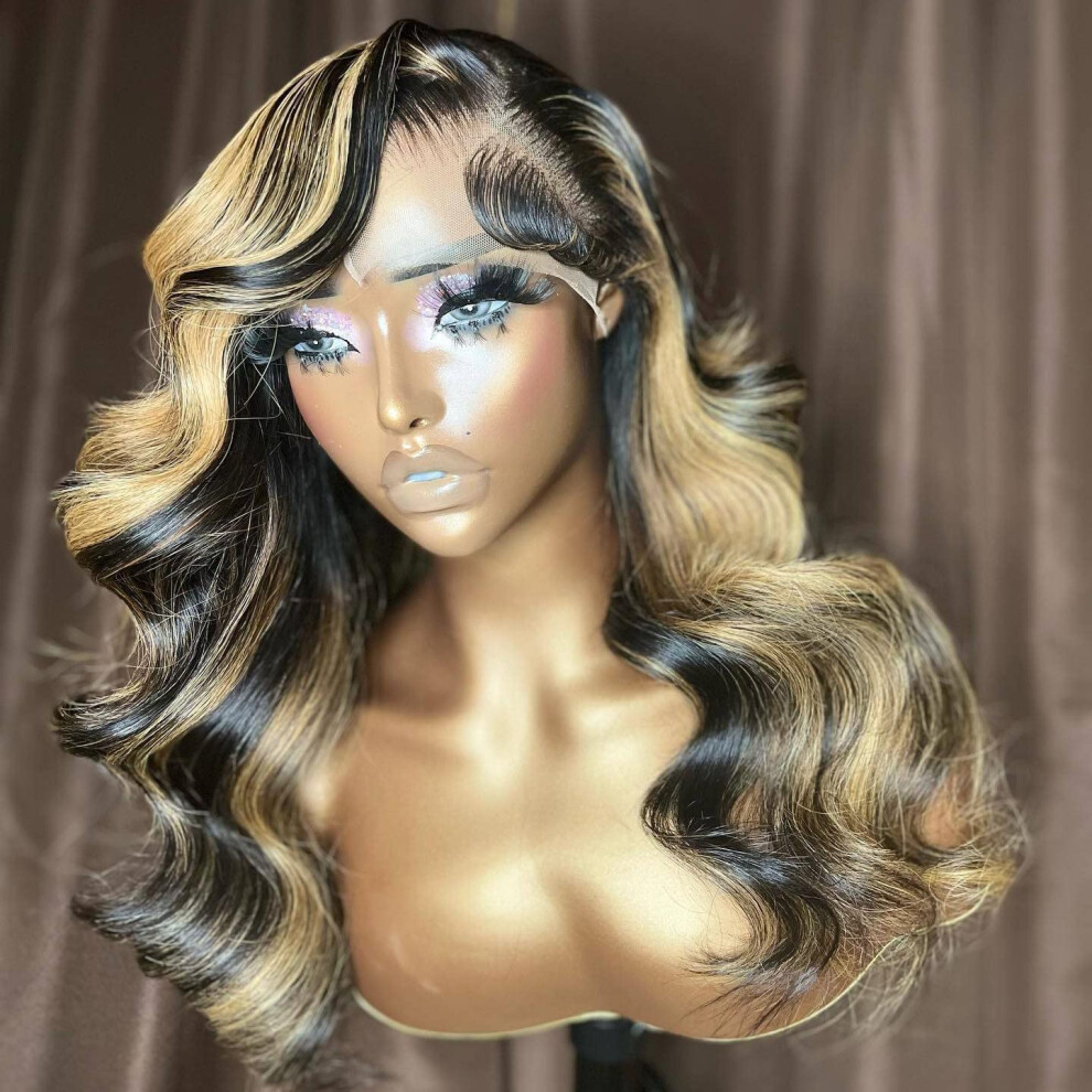 Unisex Black 13X6 Hd Transparent Lace Front Human Hair Wig 16 Inch Body Wave Honey Blonde Highlight Pre Plucked Bleached Knots For Women
