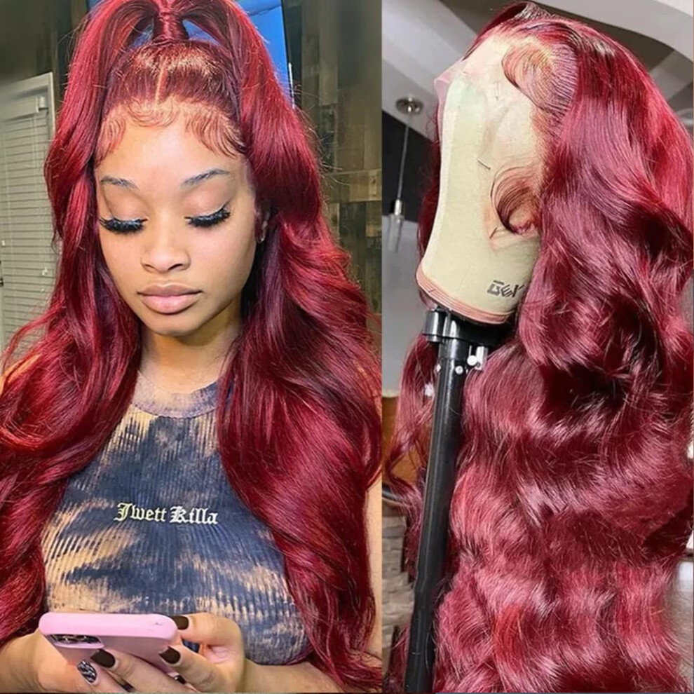 Unisex Red 99J Burgundy Lace Front Wig Human Hair Body Wave 13X4 Hd Pre Plucked With Baby Hair 18Inch