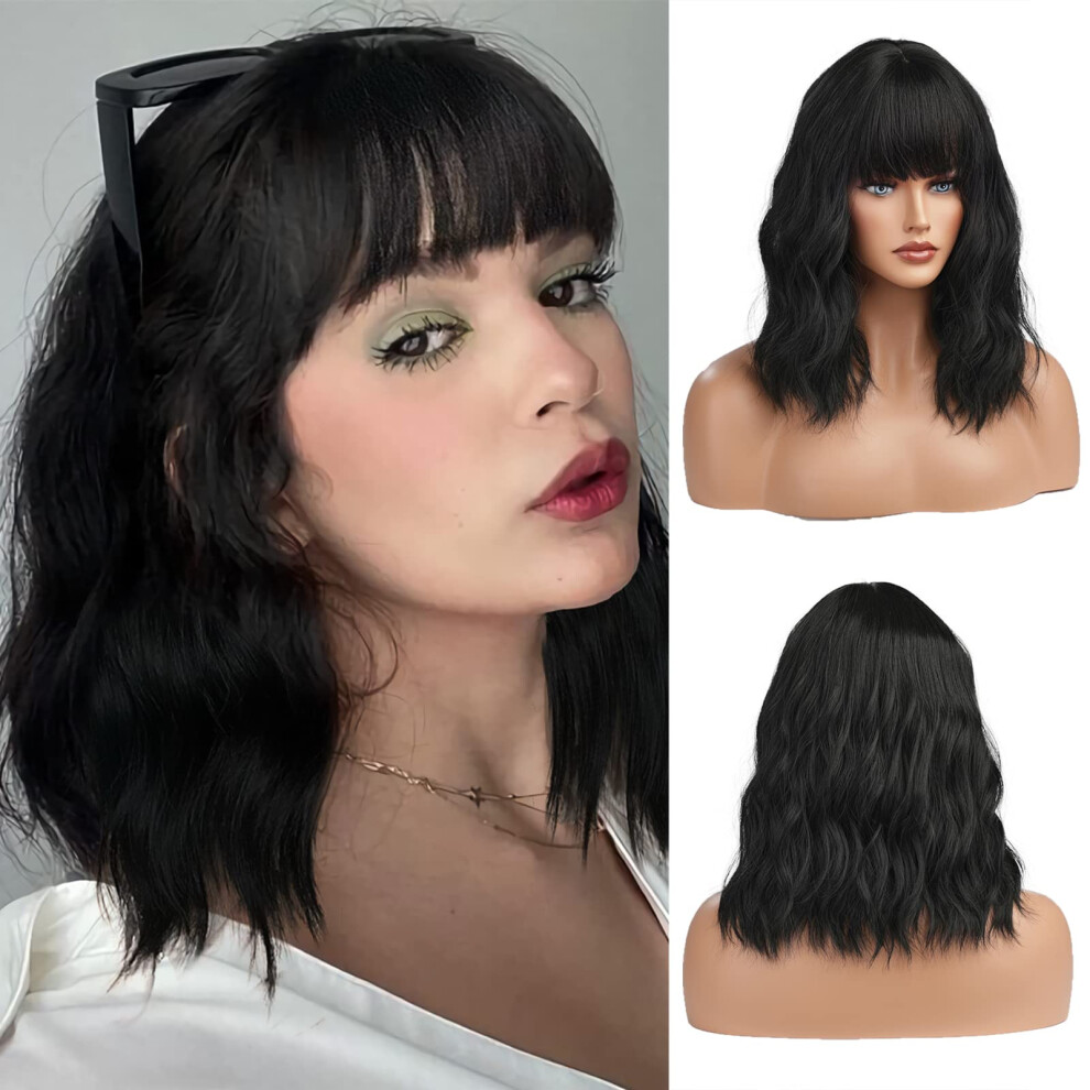 Unisex Black Synthetic Short Bob Wig With Bangs 14 Inch Curly Wavy Style For Women Realistic Natural Look