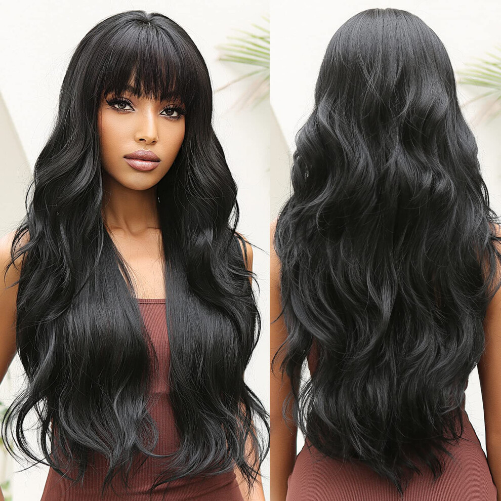 Unisex Black Wavy Wig With Bangs For Women, 27 Inch Long Curly Synthetic Wig, Heat Resistant Natural Style
