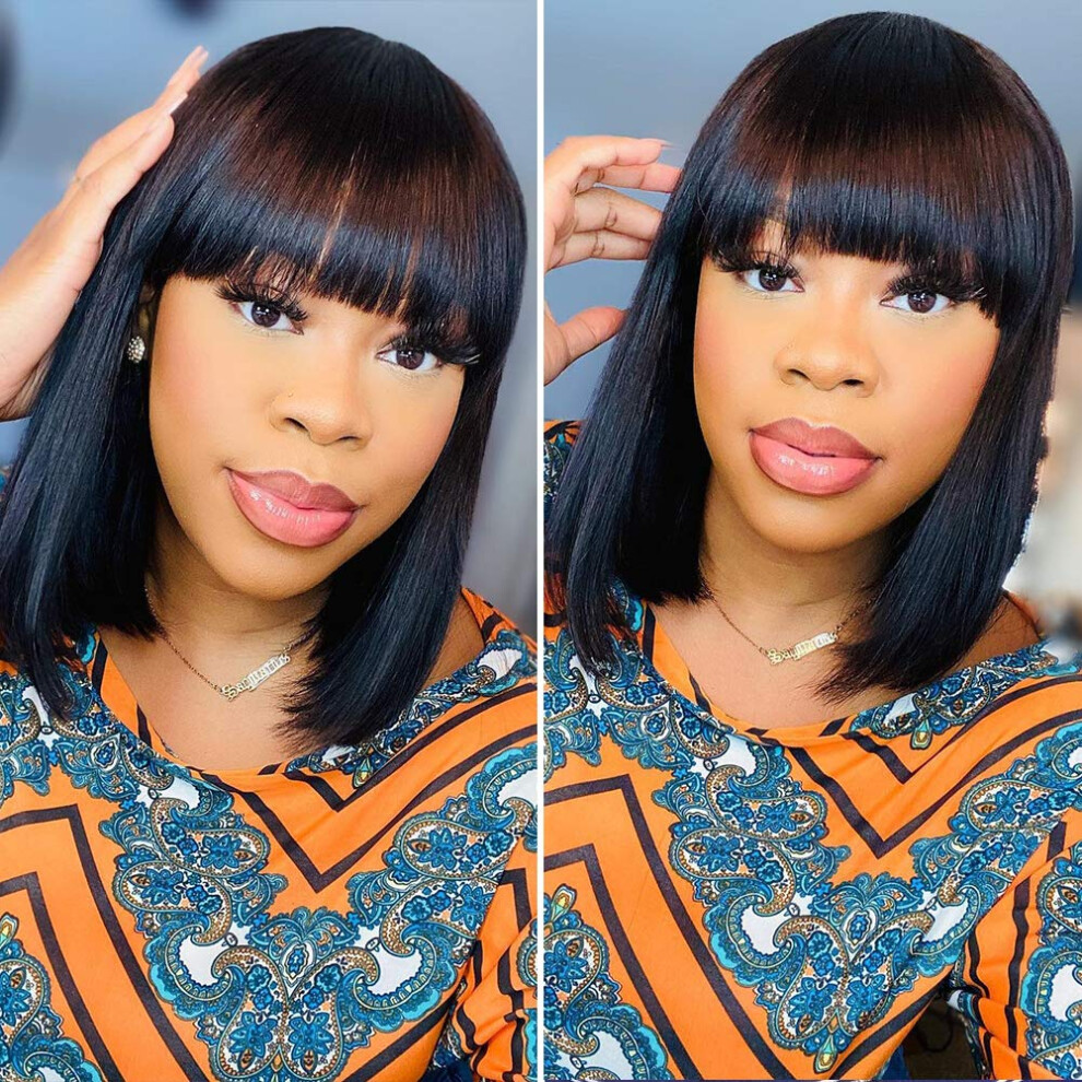 Brazilian Virgin Straight Human Hair Wig with Bangs 14 Inch Glueless 150 Density for Black Women