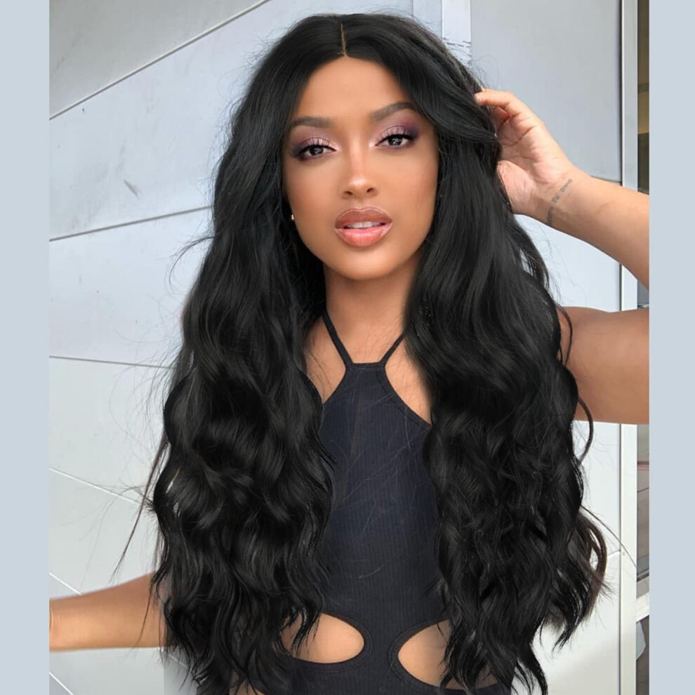 Unisex Black Long Wavy Wig For Women 26 Inch Heat Resistant Synthetic Hair With Natural Hairline For Daily And Party Use