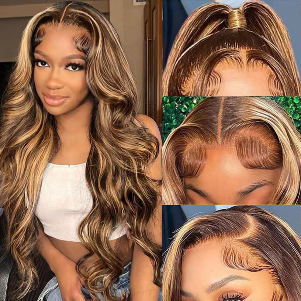 Unisex Honey Blonde Highlight Ombre Hd Lace Front Wig Human Hair 24 Inch Body Wave Pre Plucked 13X4 Bleach Friendly 180% Density