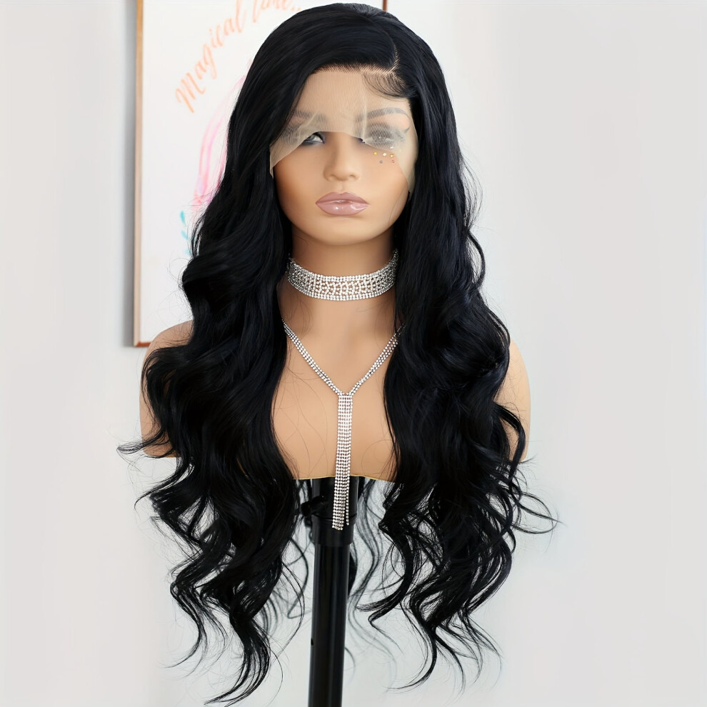 Unisex Black 13*4 Lace Wigs Body Wave Lace Wig Synthetic Heat Resistant Fiber Hair Wig Long Curly Wig