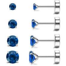 Hypoallergenic Flat Back Earrings, 4 Pairs Implant Grade Titanium Studs with Screw Back for Cartilage, Blue