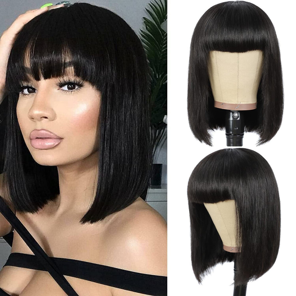 Unisex Brazilian Virgin Human Hair Bob Wig With Bangs 8 Inch Glueless None Lace Front