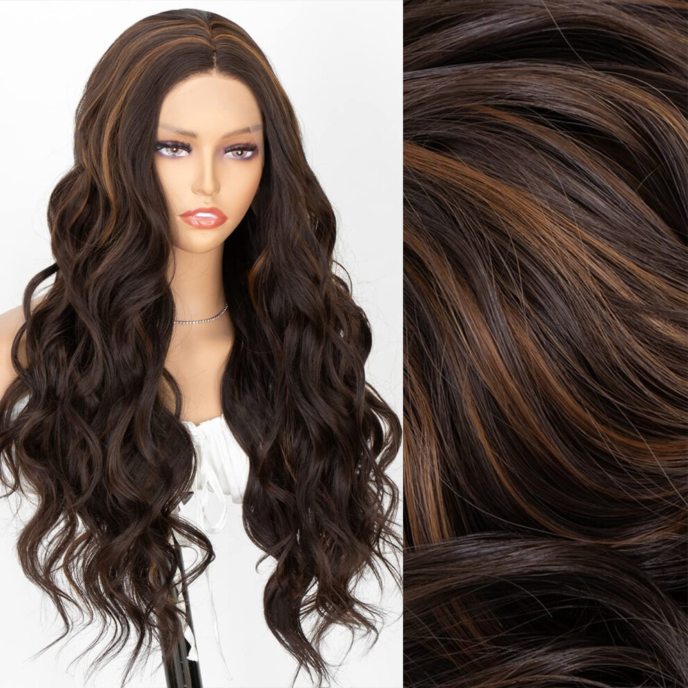 Unisex Black,Brown Long Wavy Highlight Brown Synthetic Lace Front Wig With Realistic Hairline For Black Women 22''