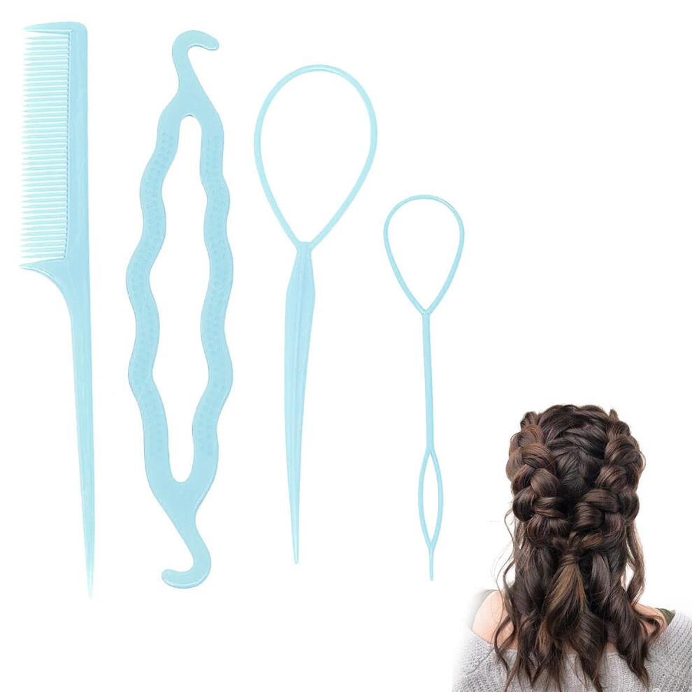 Unisex 4 Pcs Hair Braiding Tool And Ponytail Maker Set, Hair Styling Kit For Topsy Tail For Girls And Women (Cblue)
