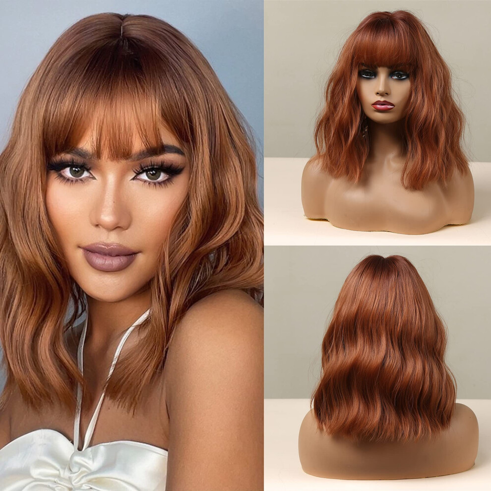 Unisex Brown 12 Inch Reddish Wavy Bob Wig With Bangs, Heat Resistant Synthetic Curly Hair For Women