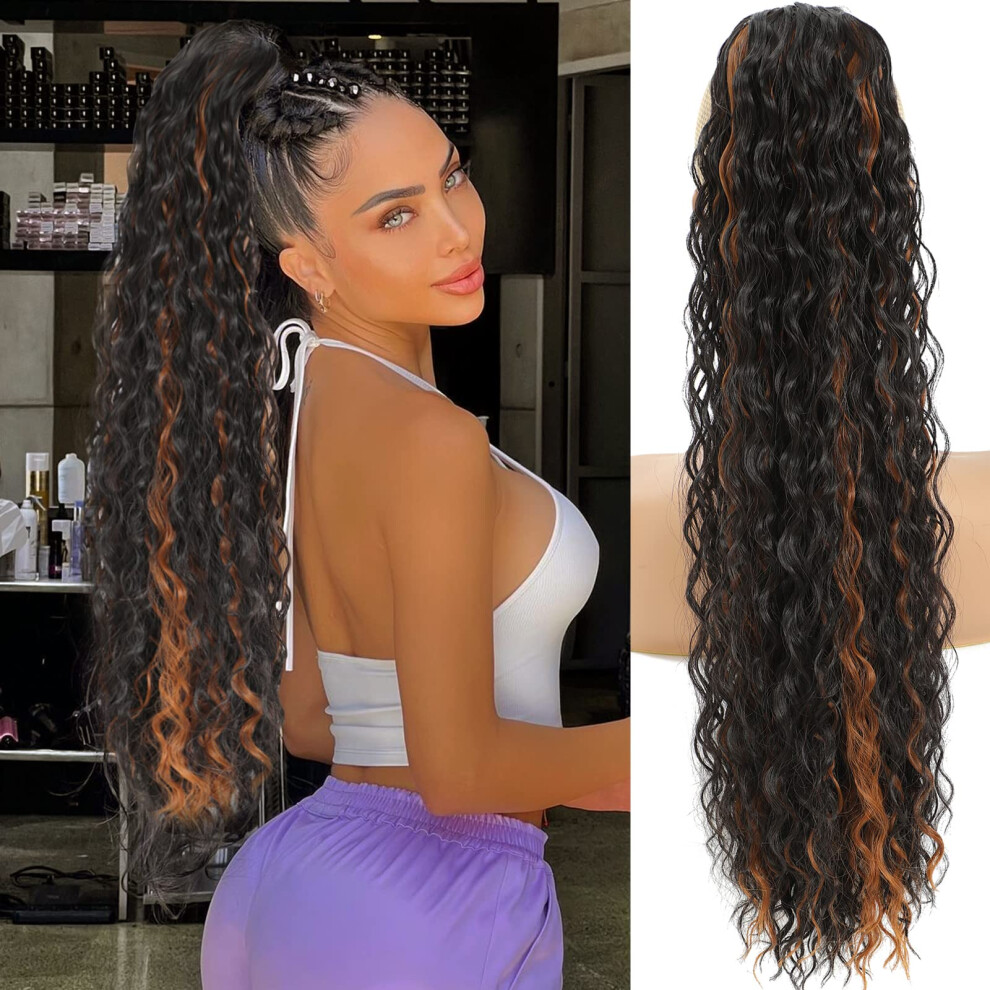 24 Inch Deep Wave Drawstring Ponytail Extension for Women, Curly Synthetic Hairpiece 4/30# Highlight