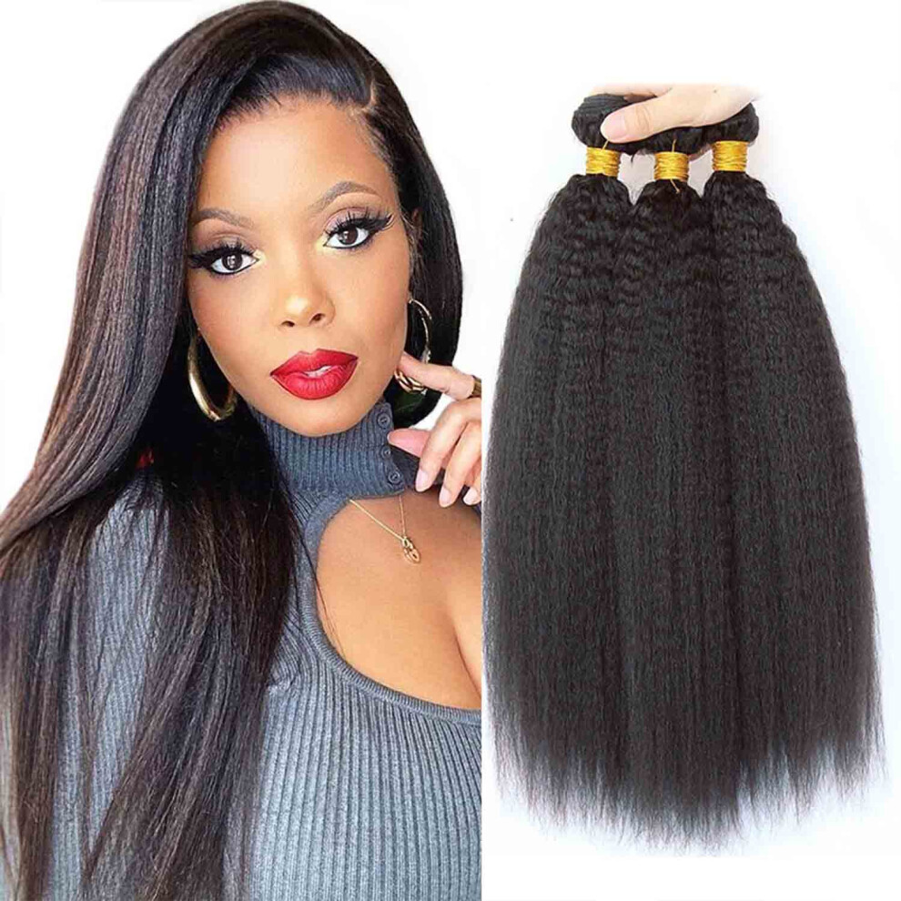 Kinky Straight Human Hair Bundle 20 Inch Black Brazilian Virgin Yaki Extensions Natural Texture