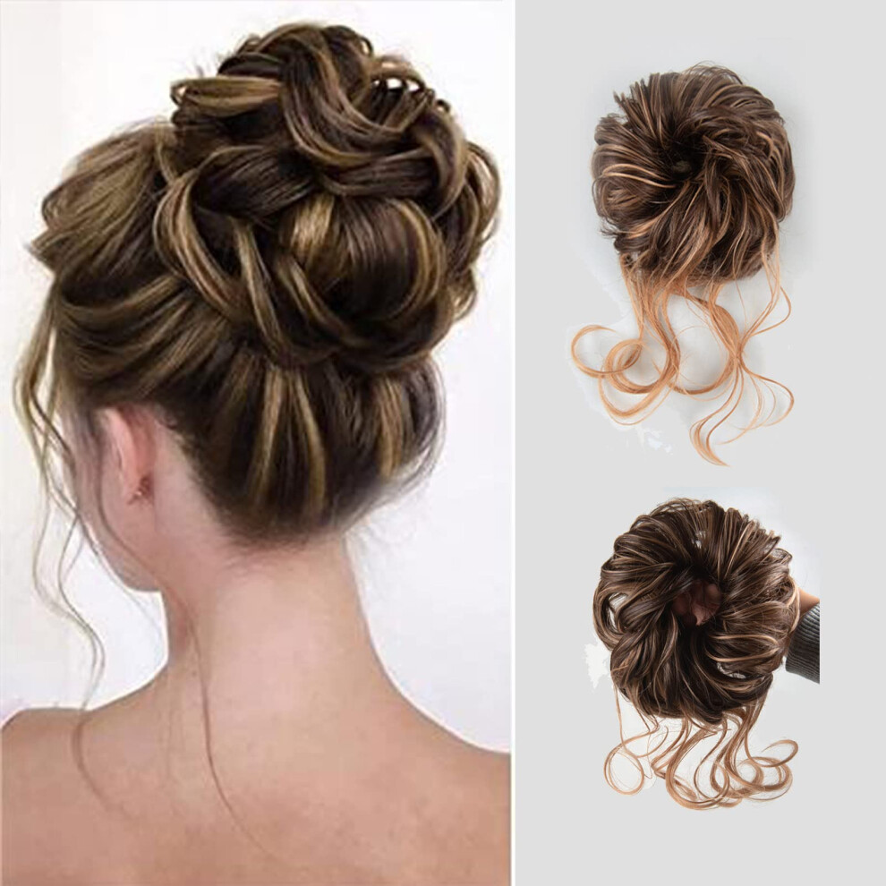 Unisex Brown Messy Bun Hair Piece With Instant Volume Boost, Wavy Curly Synthetic Ponytail For Women Blonde