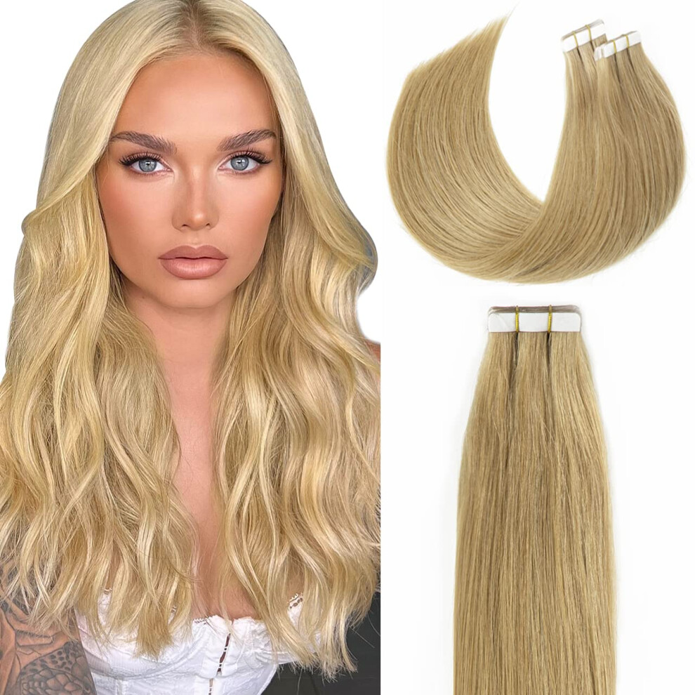Unisex 16 Inch Ash Blonde Tape In Hair Extensions Real Remy Human Hair Seamless Skin Base 20Pcs 50G