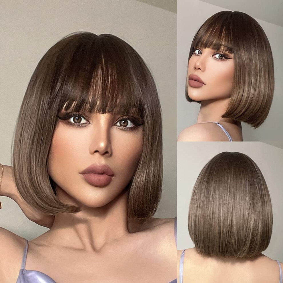 Ombre Short Curly Bob Wig for Women with Bangs, Natural Color, Lightweight Synthetic Hair