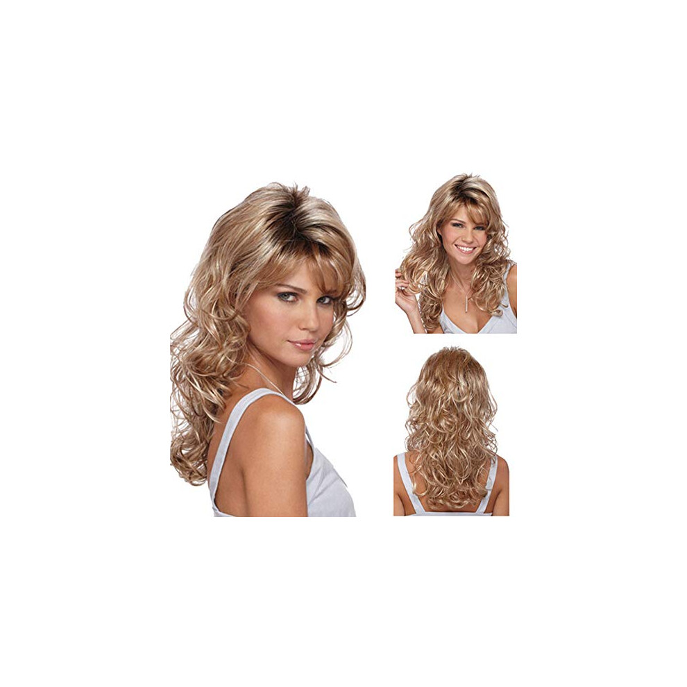 Unisex Dark Root Blonde Curly Wig For Women Heat Resistant Synthetic Long Wig With Side Bangs