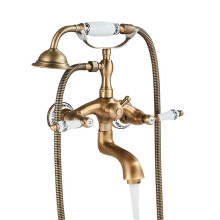 Antique Brass Wall Mount Bathroom Shower Faucet with Blue Porcelain Dual Handles for Hot and Cold Water Ref: 7696