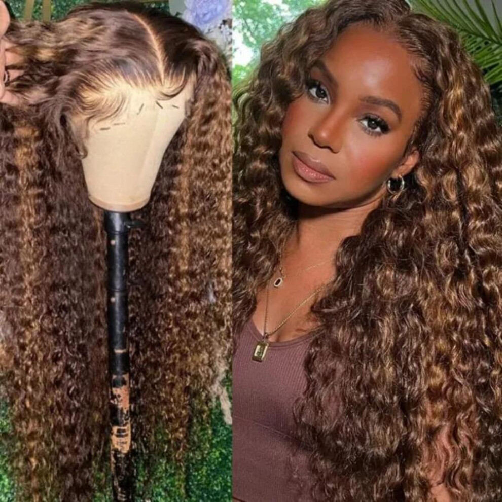 Unisex Brown Water Wave Human Hair Lace Front Wig P430 Ombre Highlight 13X4 Brazilian Remy 22Inch