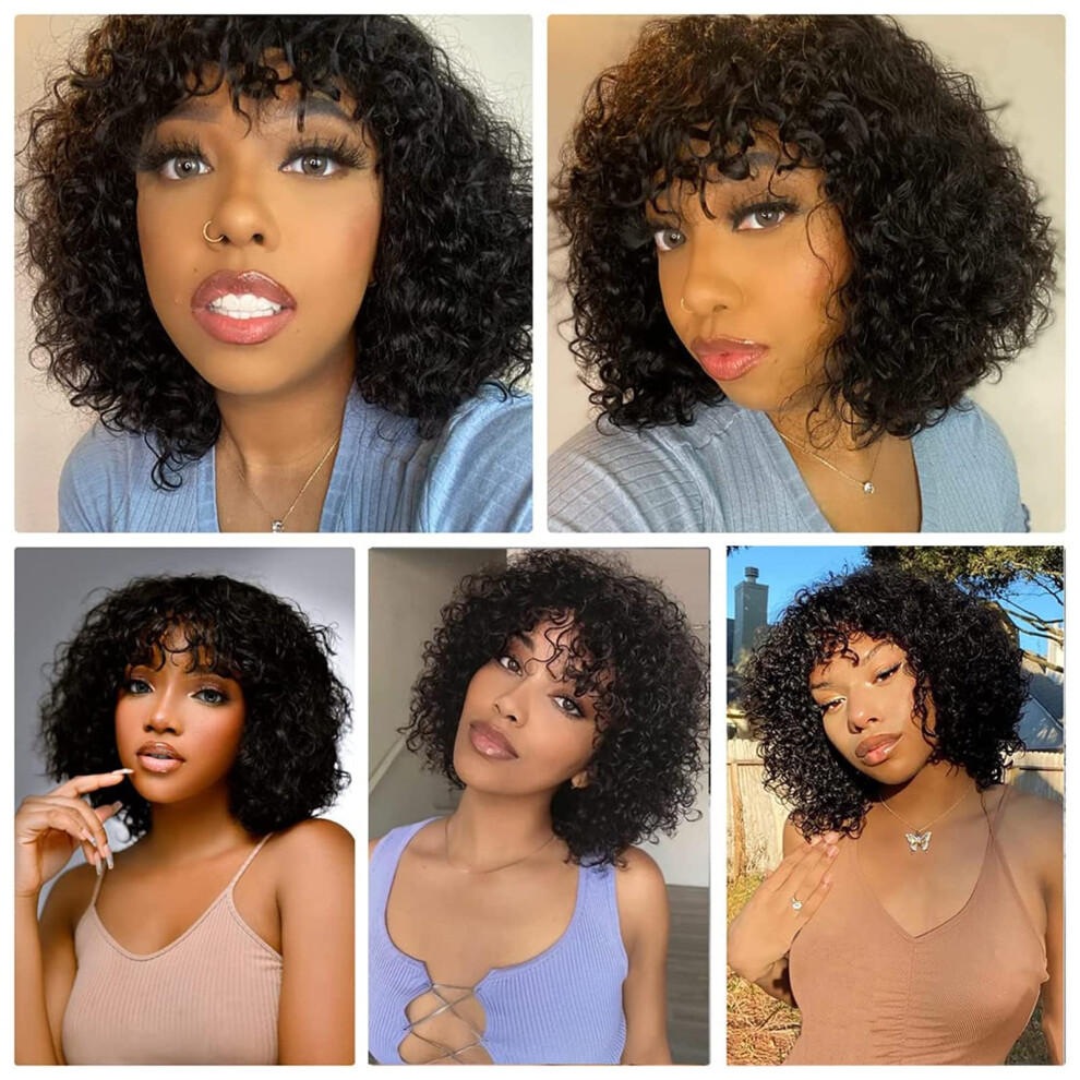 Unisex Black Glueless Curly Bob Human Hair Lace Front Wig With Bangs For Women, Pre Plucked, 150% Density